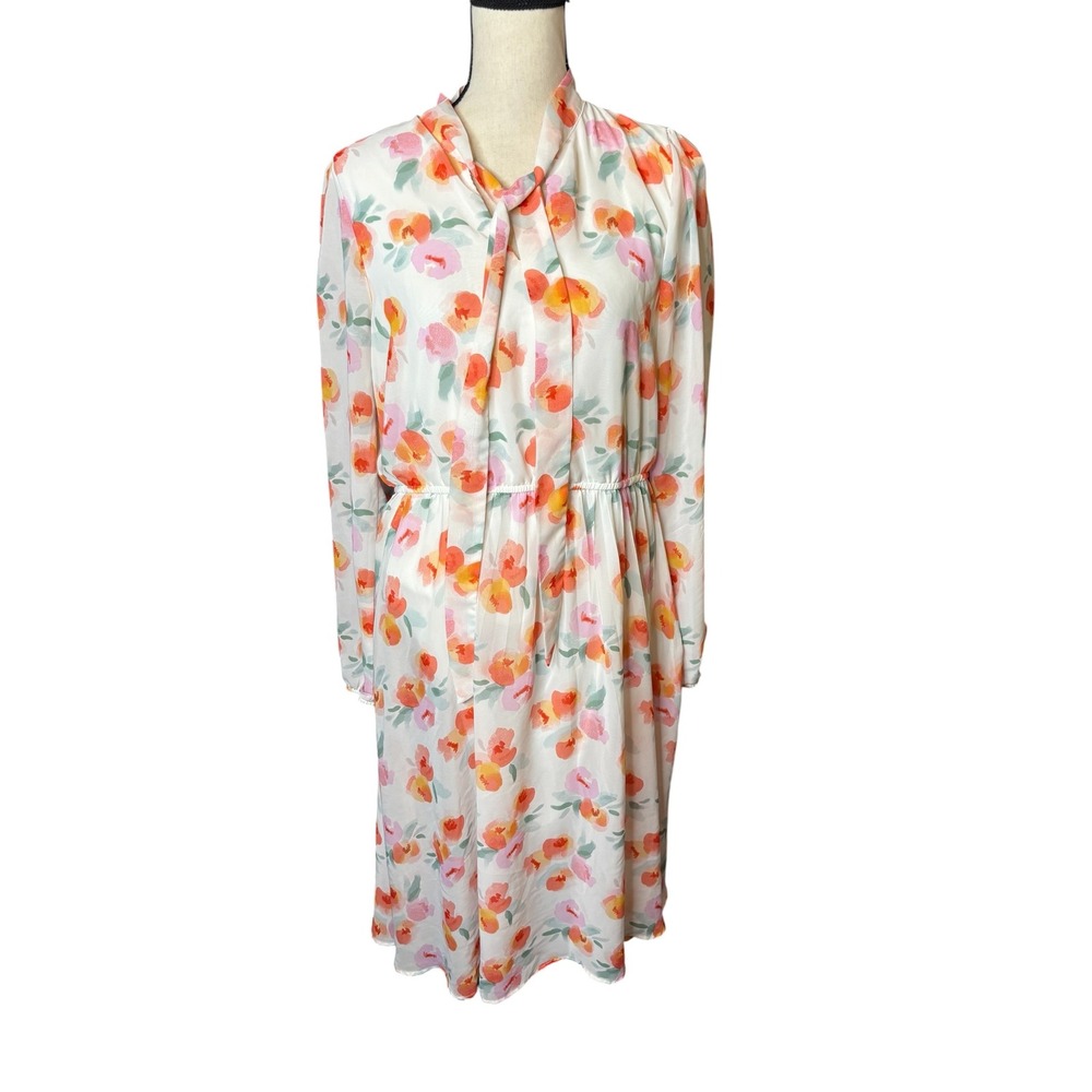 Lark + Grey Floral Tie Neck Midi Dress XL Long Sleeve Watercolor White Orange